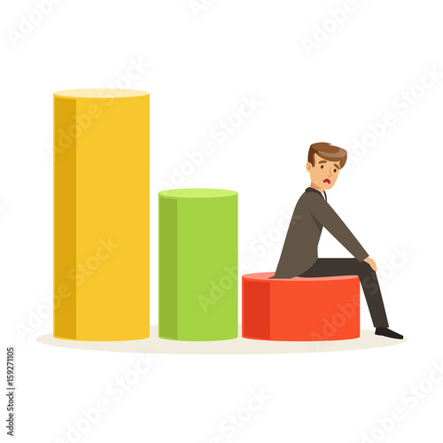 Frustrated businessman sitting on a graph down, unsuccessful character vector Illustration