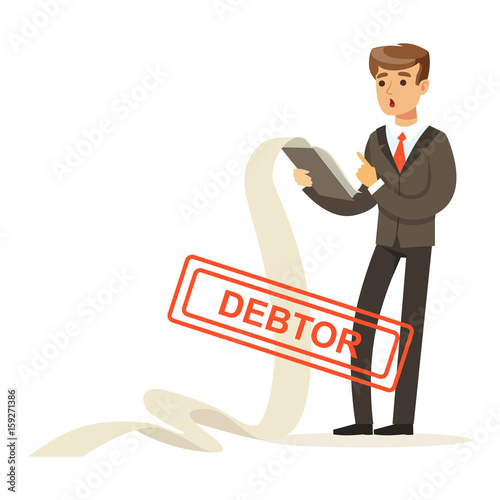 Businessman stressed out by long list of debts, debtor vector Illustration Fototapeta