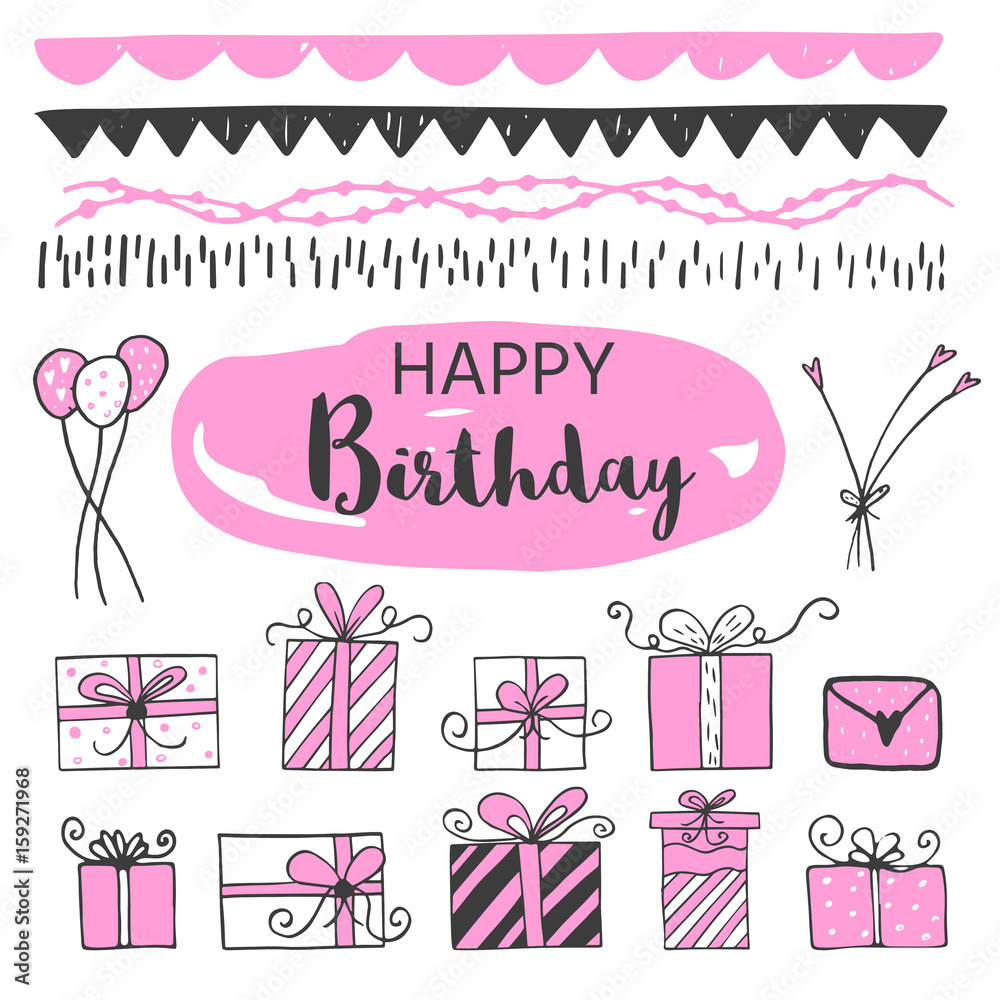 Birthday party icon set, black and pink colors. Birthday party icon set, black and pink colors.