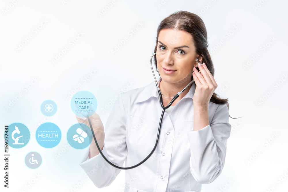 doctor with stethoscope and medical care icons doctor with stethoscope and medical care icons