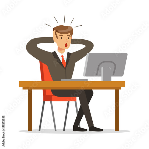Businessman holding his head by two hands while working in his office vector Illustration