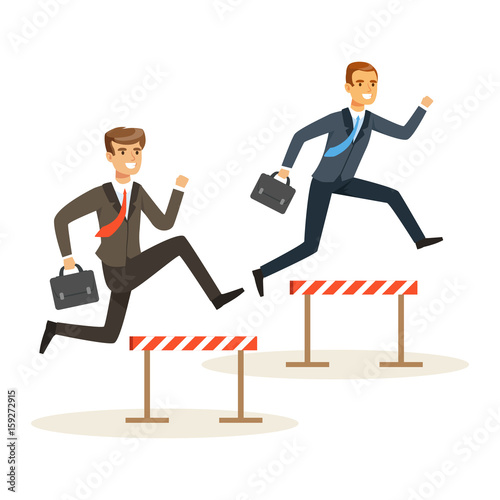 Two businessmen racing over hurdle obstacles, business competition vector Illustration