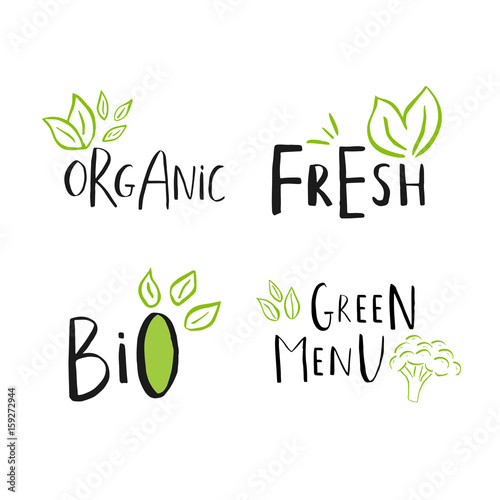 Set of 4 Vector eco, bio green logo or sign. Vegan, raw, healthy food badge