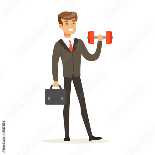 Smiling businessman in a suit easily lifting a dumbbell vector Illustration