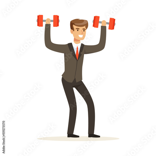 Smiling businessman in a suit easily lifting two dumbbells vector Illustration
