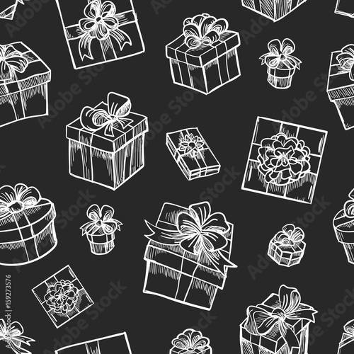 Vector hand drawn gift box seamless pattern. Sketch christmas gifts black background for present design