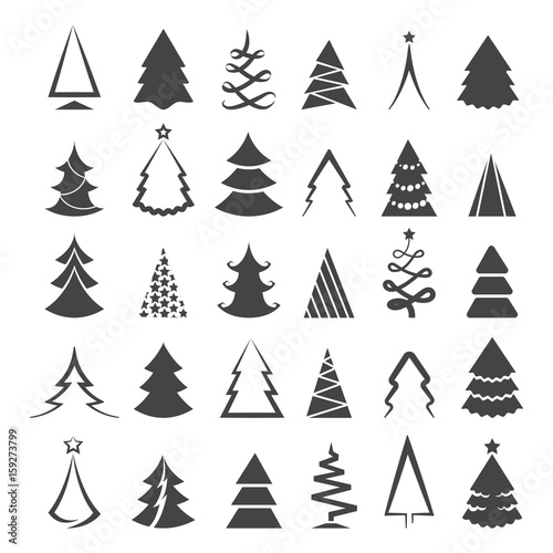 Simple christmas tree icons isolated on white background. Vector drawing xmas trees stylized black silhouette symbols