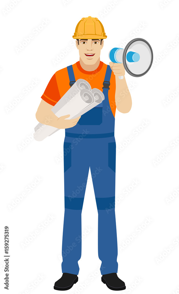 Builder with loudspeaker holding the project plans Builder with loudspeaker holding the project plans