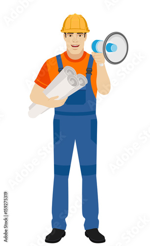 Builder with loudspeaker holding the project plans