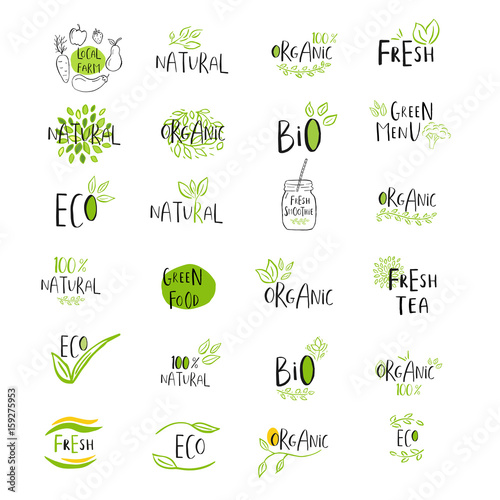 Set of vector eco, bio green logo or sign. Vegan, raw, healthy food badge photo