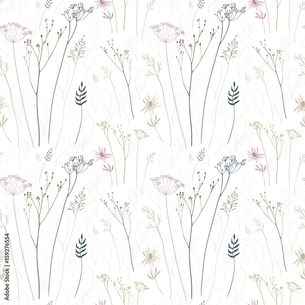 Floral pattern with dill or fennel  flowers and grasses.
