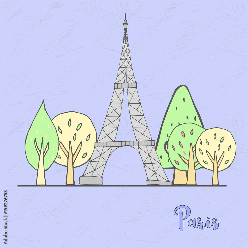 Hand drawn Paris scene, vintage France. Vector urban banner with trees and Eiffel Tower for postcards or web.