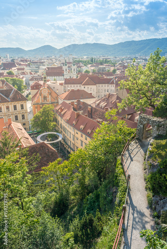 Beautiful old town Village from Aerial view - Schlossberg, Graz, Austria