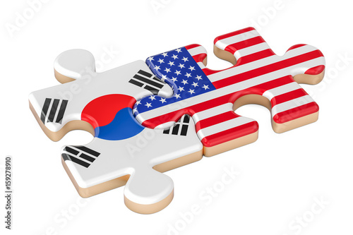 South Korea and USA puzzles from flags, 3D rendering