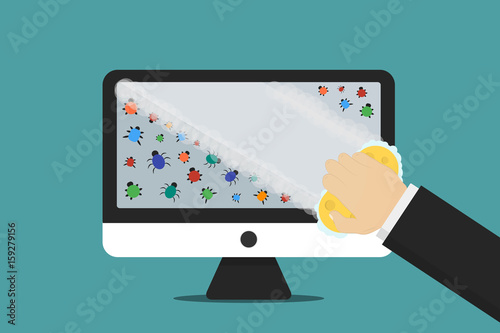 Vector flat design isolated concept of antivirus and computer virus cleanup on the blue background.