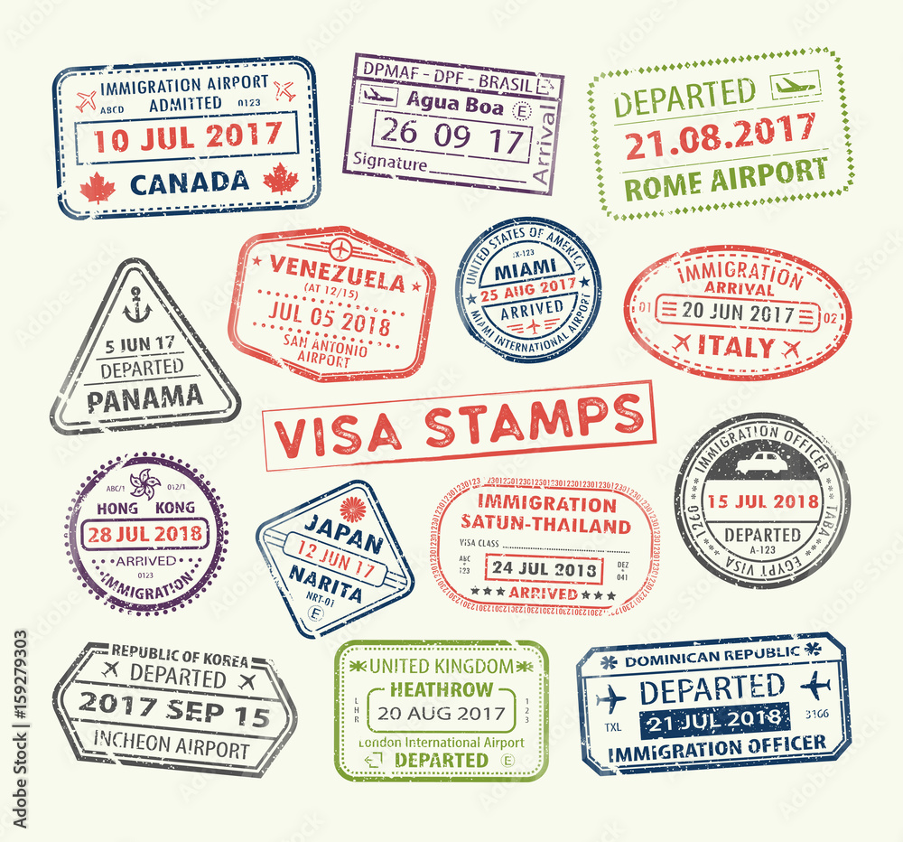 Isolated set of visa passport stamp for travel to Canada or USA, Uk or China, Venezuela or Dominican republic, Japan or Egypt, Korea or Brasil, Italy or Tailand. Tourism icon. Airport sign. Vector.