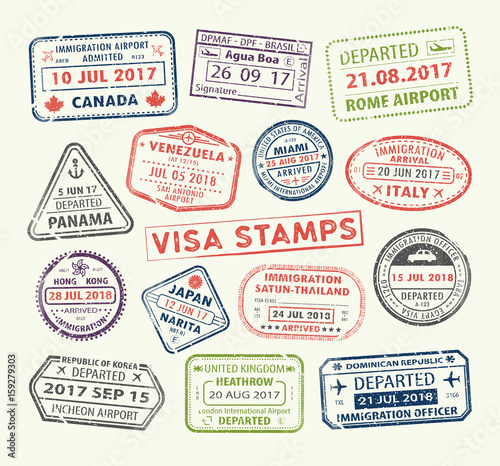 Isolated set of visa passport stamp for travel to Canada or USA, Uk or China, Venezuela or Dominican republic, Japan or Egypt, Korea or Brasil, Italy or Tailand. Tourism icon. Airport sign. Vector.