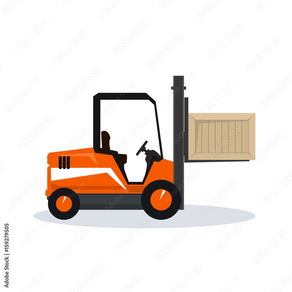 Orange Forklift Truck Isolated on White Background, Vehicle Forklift Picks up a Box, Vector Illustration