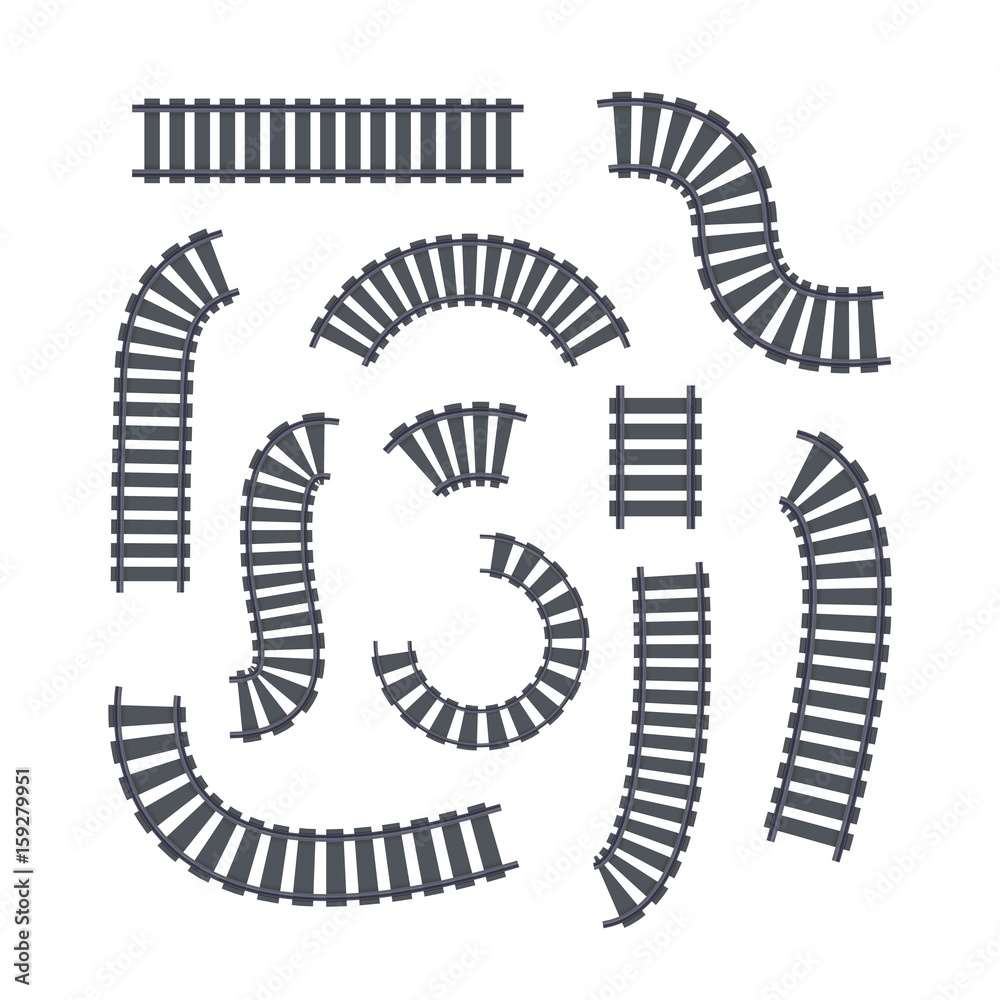 Vector isolated set of rails on the white background for decoration. Concept of train transportation, metro, logistics and railroad. Vector isolated set of rails on the white background for decoration. Concept of train transportation, metro, logistics and railroad.