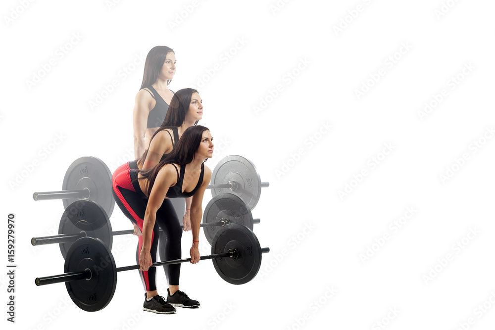 Fototapeta premium The technique of doing an exercise of deadlift with a barbell of a young sports girl on a white isolated background, three positions