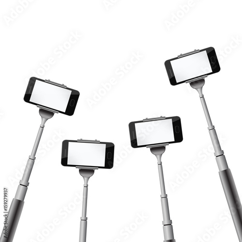 Vector realistic monopod with phone on the transparent background. Template for selfie photo or taking pictures.