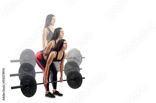 The technique of doing an exercise of deadlift with a barbell of a young sports girl on a white isolated background  three positions