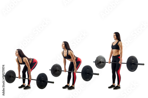 The technique of doing an exercise of deadlift with a barbell of a young sports girl on a white isolated background, three positions photo
