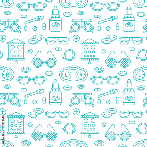 Fototapeta Naklejka Na Ścianę i Meble -  Ophthalmology, eyes health care seamless pattern, medical vector blue background. Optometry equipment, contact lenses, glasses line icons. Vision correction repeated illustration for oculist clinic.