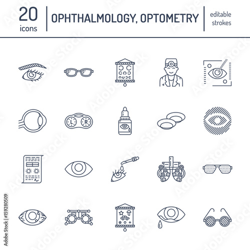 Ophthalmology, eyes health care line icons. Optometry equipment, contact lenses, glasses, blindness. Vision correction thin linear signs for oculist clinic.