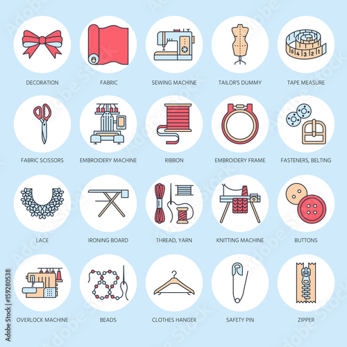 Sewing equipment, tailor supplies flat line icons set. Needlework accessories - sewing embroidery machine, pin, needle, thread, zipper, hanger and other DIY tools. Linear signs set, logos for hand