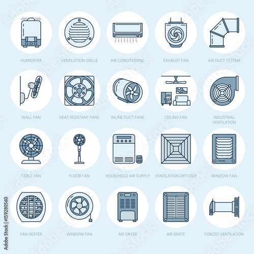 Ventilation equipment line icons. Air conditioning, cooling appliances, exhaust fan. Household and industrial ventilator thin linear signs for store.