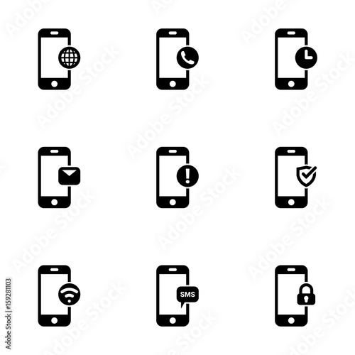 Set of simple icons on a theme Phone functions, functionality, notification, communication, internet, message, vector, set. White background