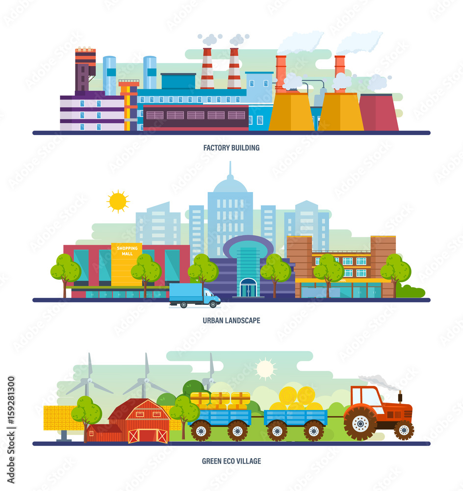 Obraz premium Factory building, lurban landscape, transport, an eco green village.