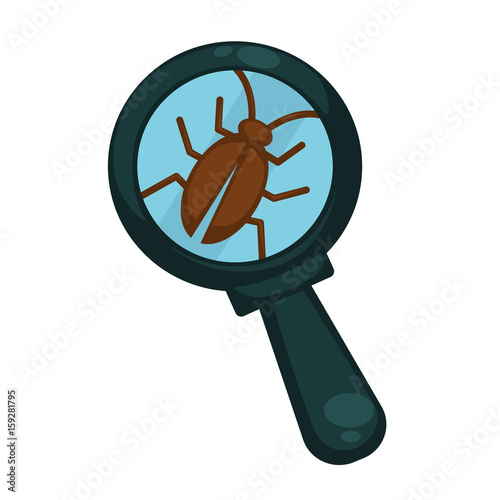 Brown cockroach under powerful magnifying glass isolated illustration
