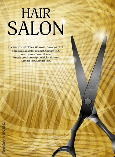 Golden vertical background with professional scissors for advertising a hair salon. Vector