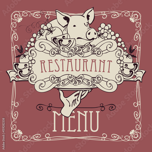 Vector restaurant menu with a picture of a hand with a tray on which is a still life with piglet, vegetables and cheese in a Baroque style with a curly frame.