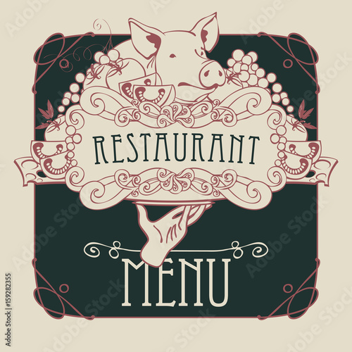 Vector restaurant menu with a picture of a hand with a tray on which is a still life with piglet, vegetables and cheese in a Baroque style with a curly frame.