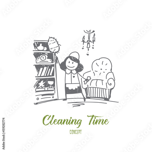 Vector hand drawn cleaning time concept sketch. Cleaning lady in special clothing tiding up room