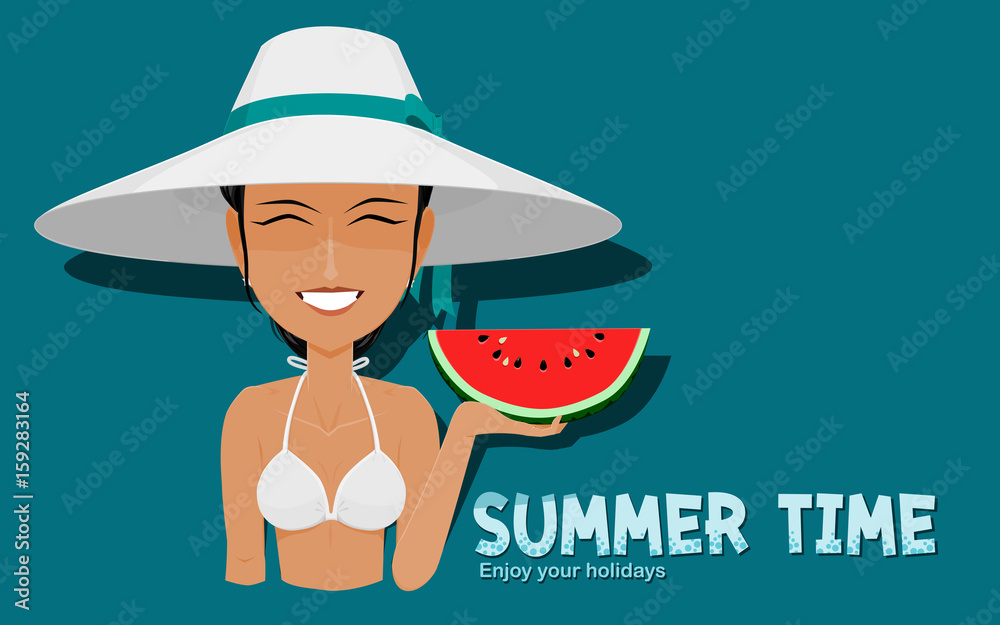 Lively girl is presenting a piece of watermelon on blue background
Lively girl is presenting a piece of watermelon on blue background