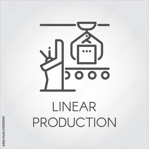 Simple contour pictogram of linear production concept. Modern machinery equipment and manufacturing theme. Line icon or infographic element for different design needs. Vector illustration label