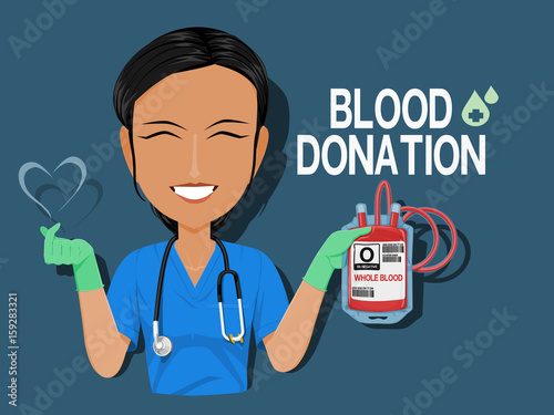 A medical staff is holding a blood pouch on blue background
