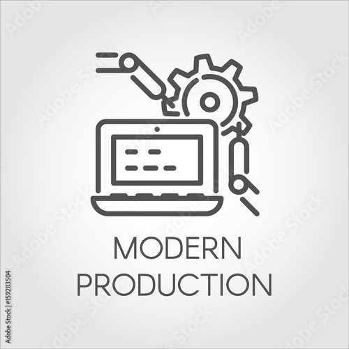 Simplicity icon in line design style symbolizing modern production at the plant and contemporary computer technology. Pictograph graphic, button or infographic element for different design projects