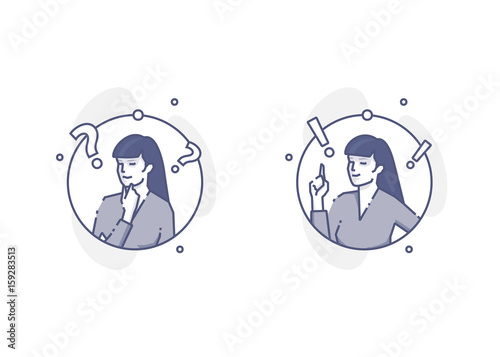 Young woman thinking and deciding round outline illustrations