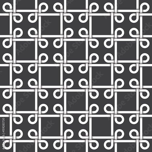 Abstract repeatable pattern background of white twisted strips bands with black strokes. Swatch of intertwined bands in squares form with loops. Seamless pattern in vintage style.