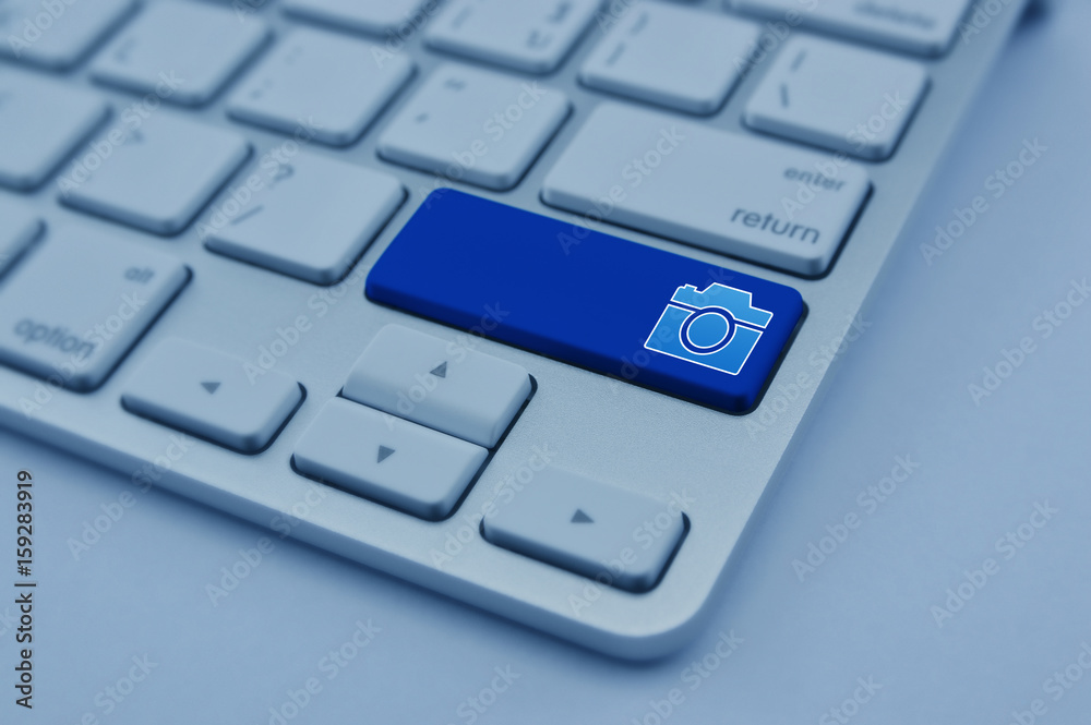 Camera flat icon on modern computer keyboard button, Business internet camera service concept Camera flat icon on modern computer keyboard button, Business internet camera service concept