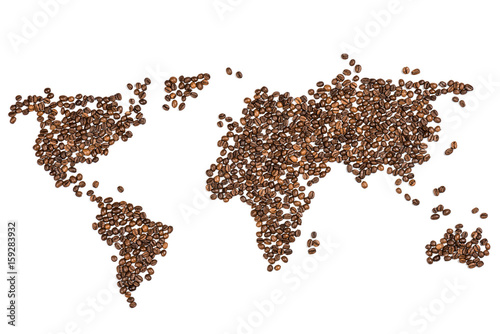 Edible world map made from coffee beans isolated on white