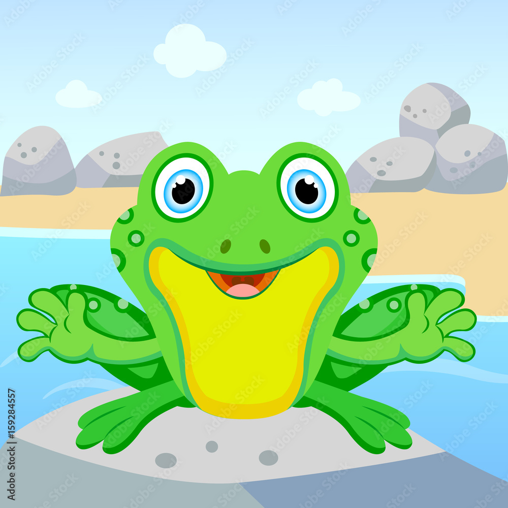 Fototapeta premium Cute frog sitting on a rock and smiling.