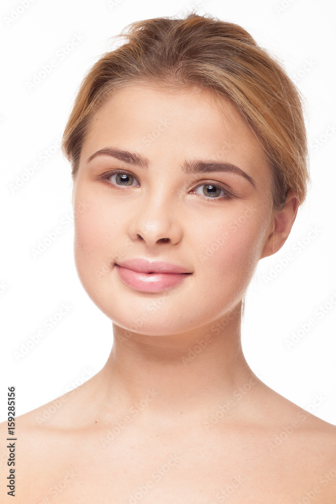 Beauty of woman with no make up on white background in studio photo. Fresh clean look. Healthy skin