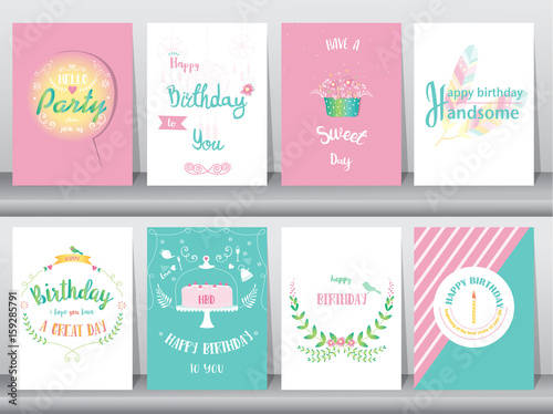 Set of birthday cards,poster,template,greeting cards,sweet,balloons,cake,feather,Vector illustrations 