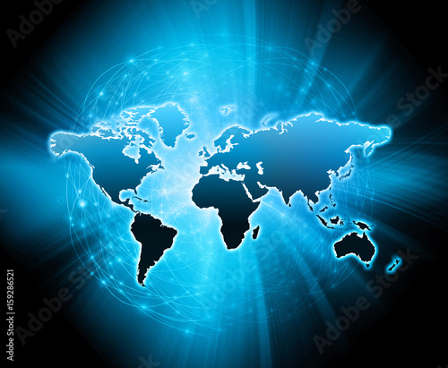 World map on a technological background, glowing lines symbols of the Internet, radio, television, mobile and satellite communications.